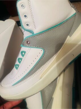 White & Gray Leather High-Top Sneakers with Teal Accents